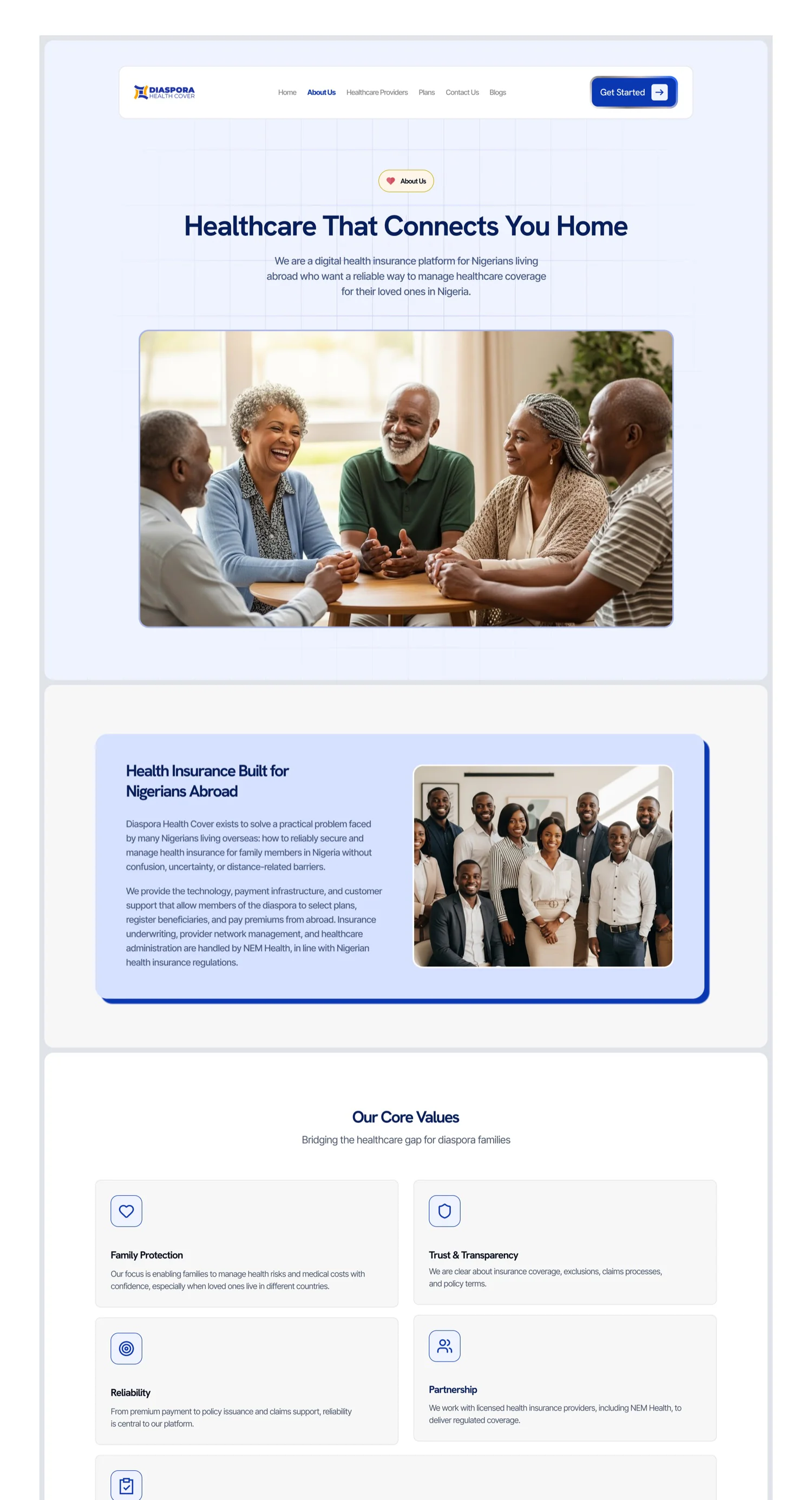 Diaspora Health Cover — About page naming NEM Health as underwriter, with a real team photo and Core Values
