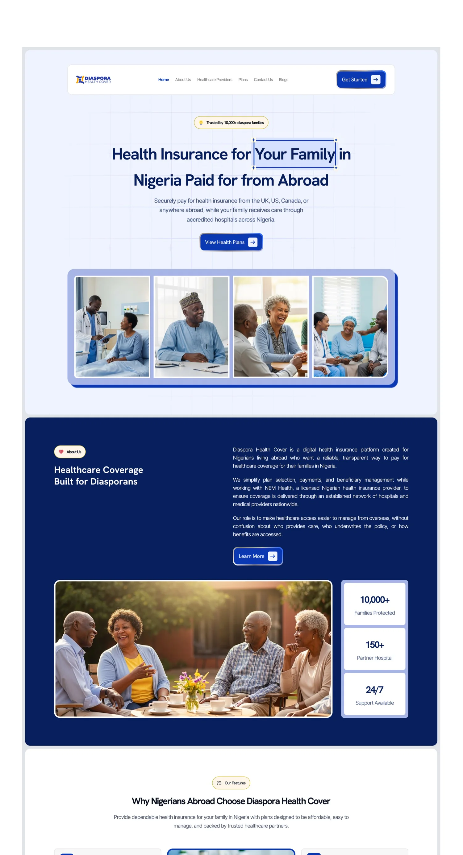 Diaspora Health Cover — redesigned landing page with literal headline, single hero CTA, and 10,000+ families / 150+ hospitals trust stats