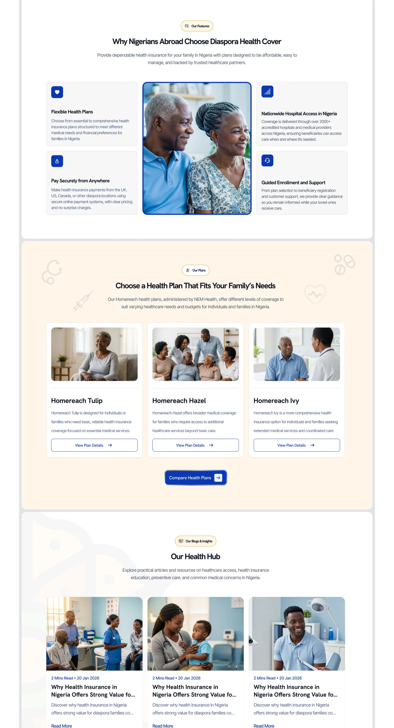 Diaspora Health Cover — feature grid and Homereach Tulip/Hazel/Ivy plan cards, each with a plain description and a single View Plan Details CTA