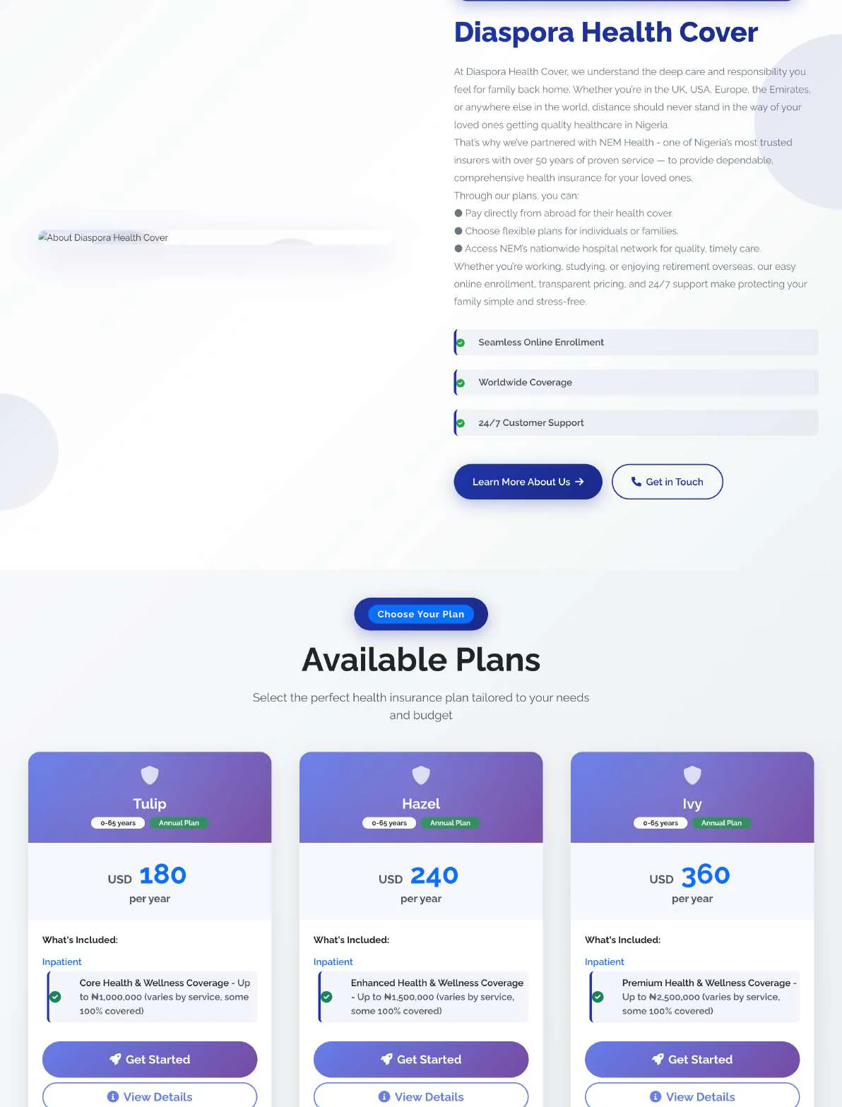 Diaspora Health Cover — original plans section