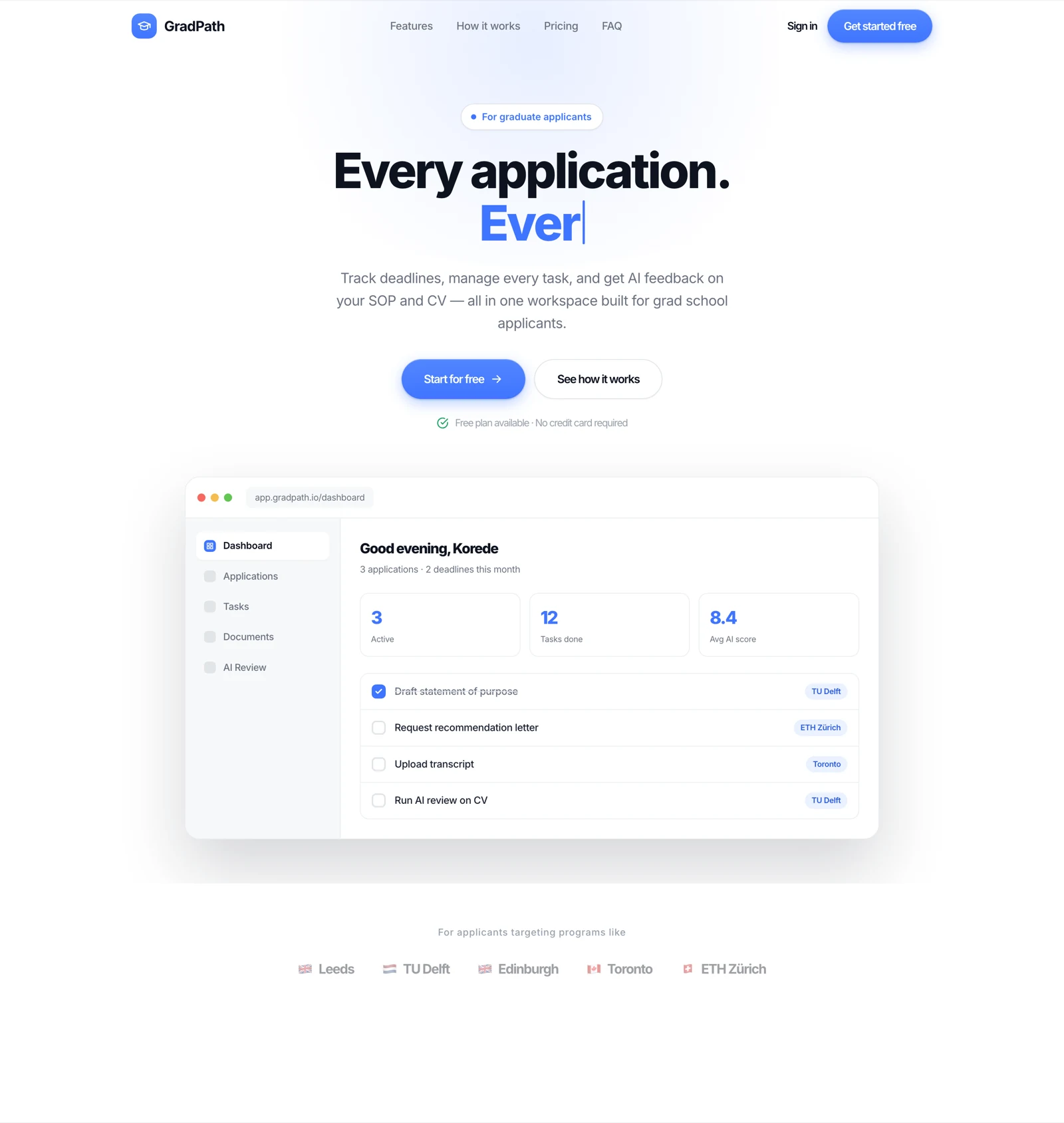 GradPath landing page — typing hero, animated dashboard mock, and the flag-based trust row