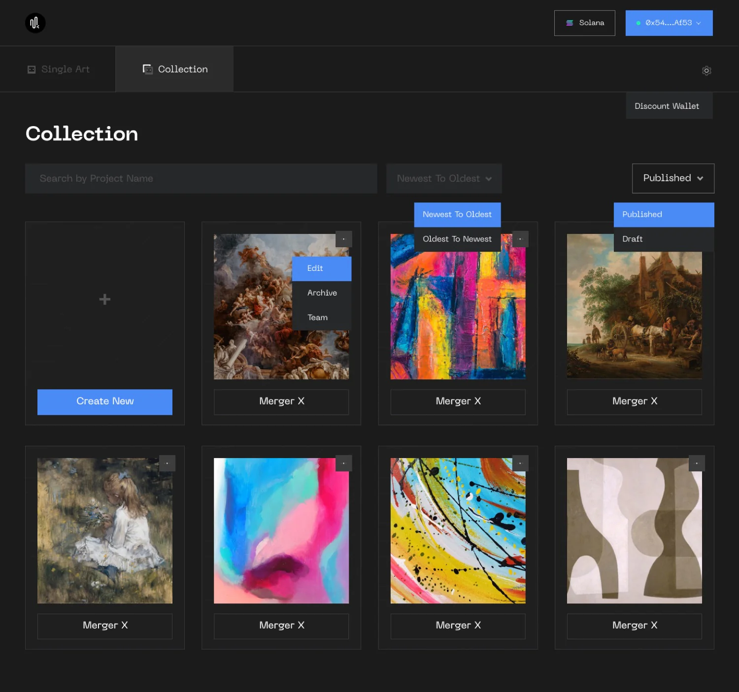 Merger X — dashboard with generated NFTs