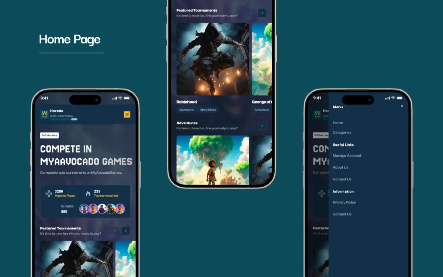 MyAvocado Games — home hub across three phone screens