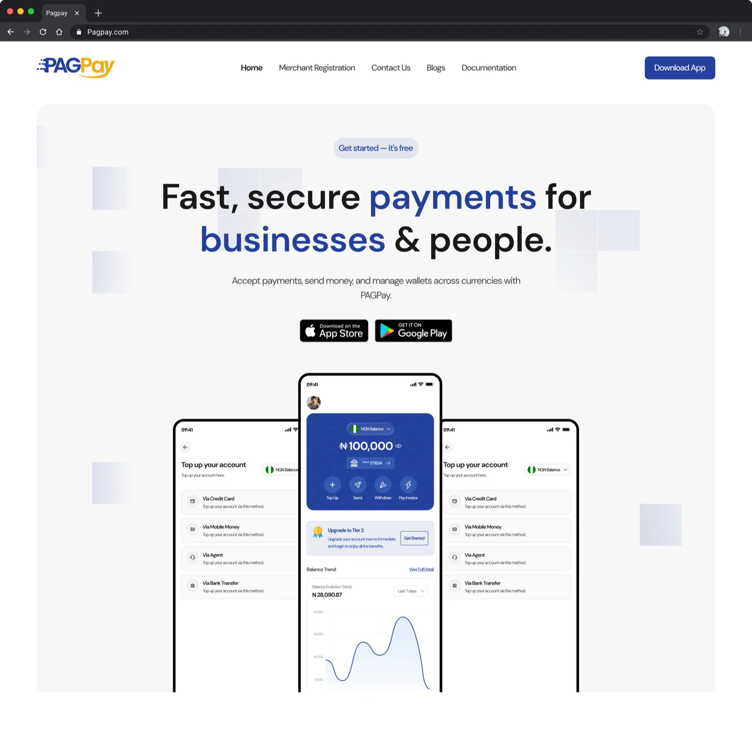 PAGPay website — hero and value proposition