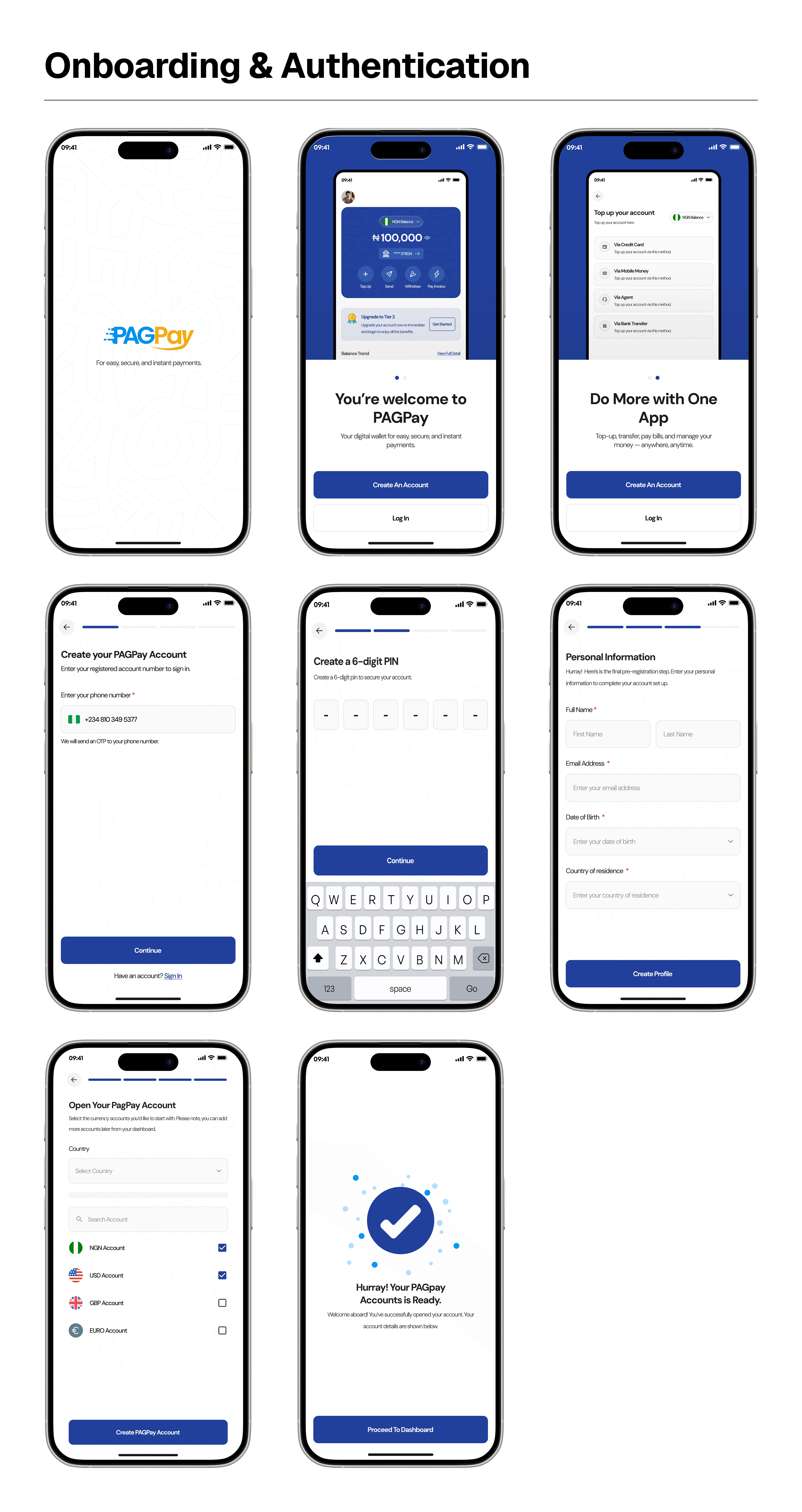 Onboarding and authentication screens