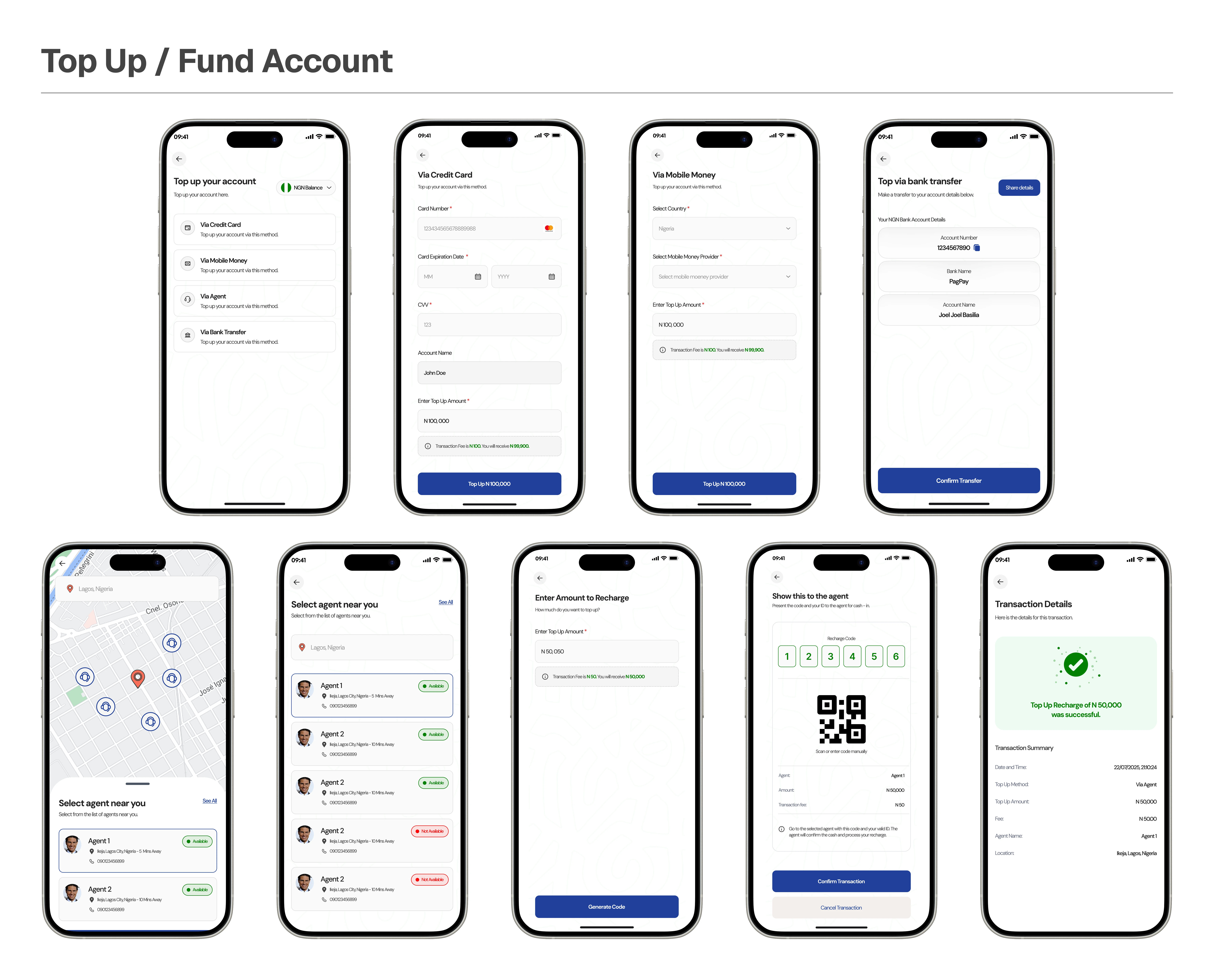 Fund account / top-up screens