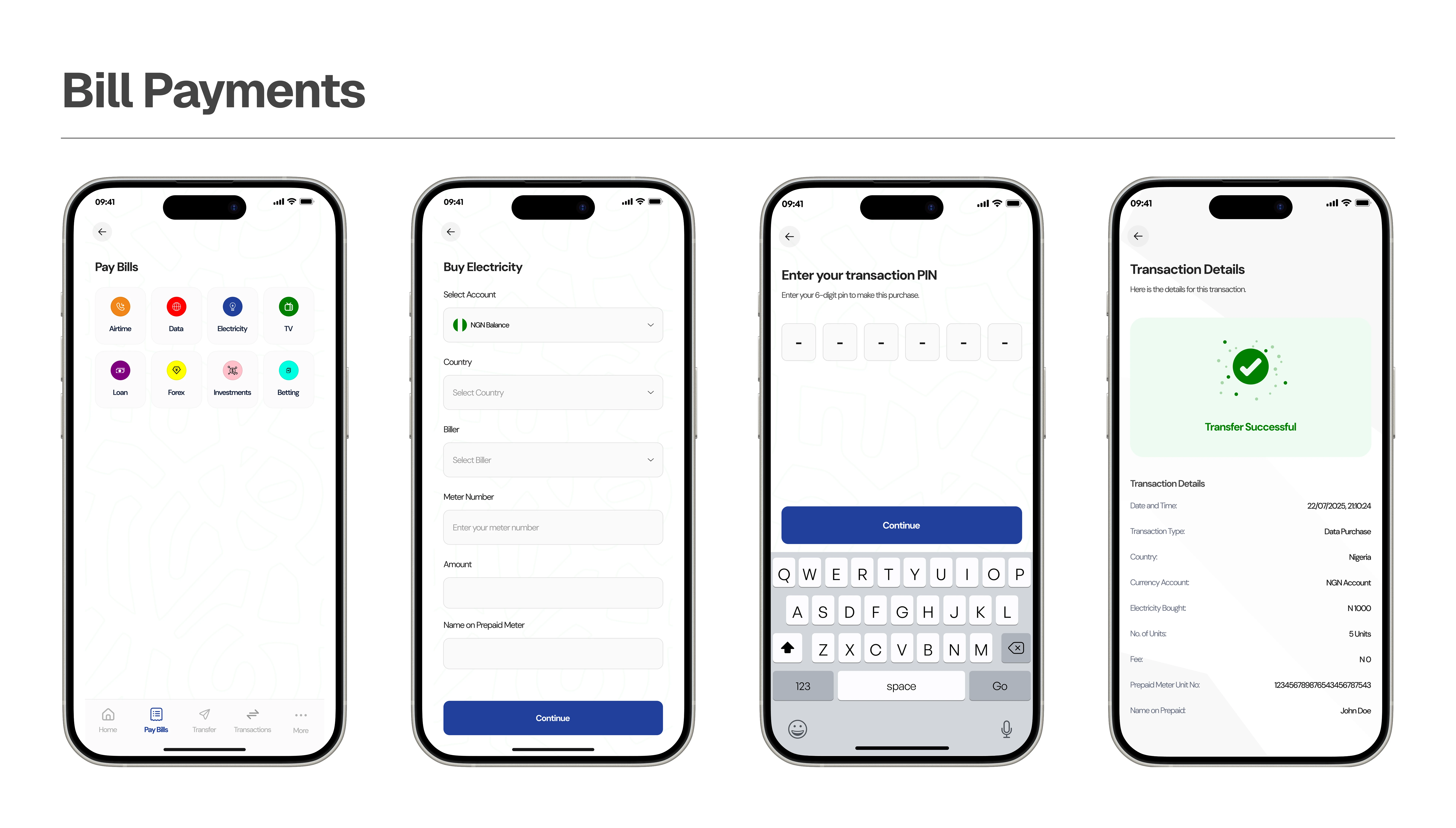 Bill payments and services screens