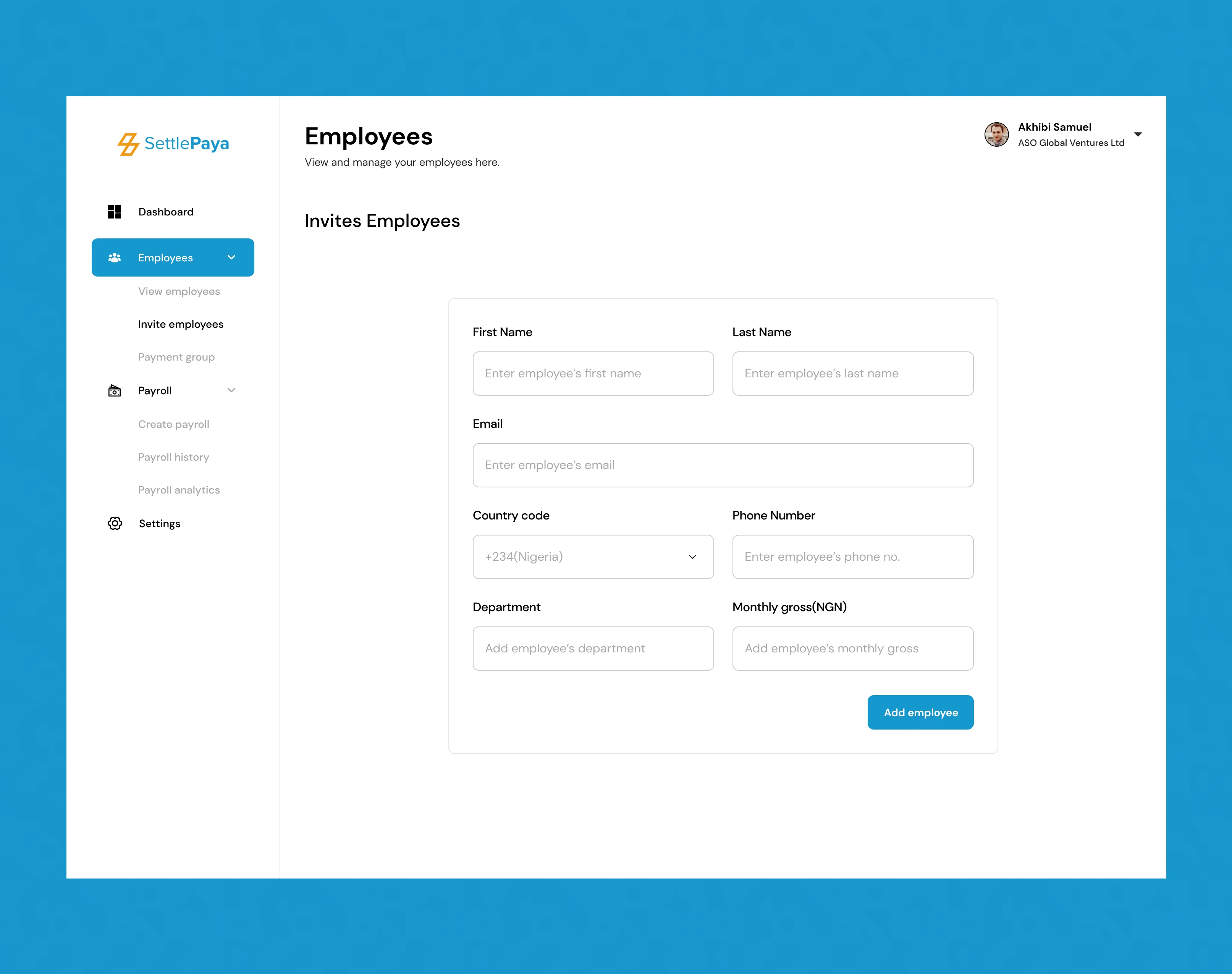 SettlePaya — invite employee form
