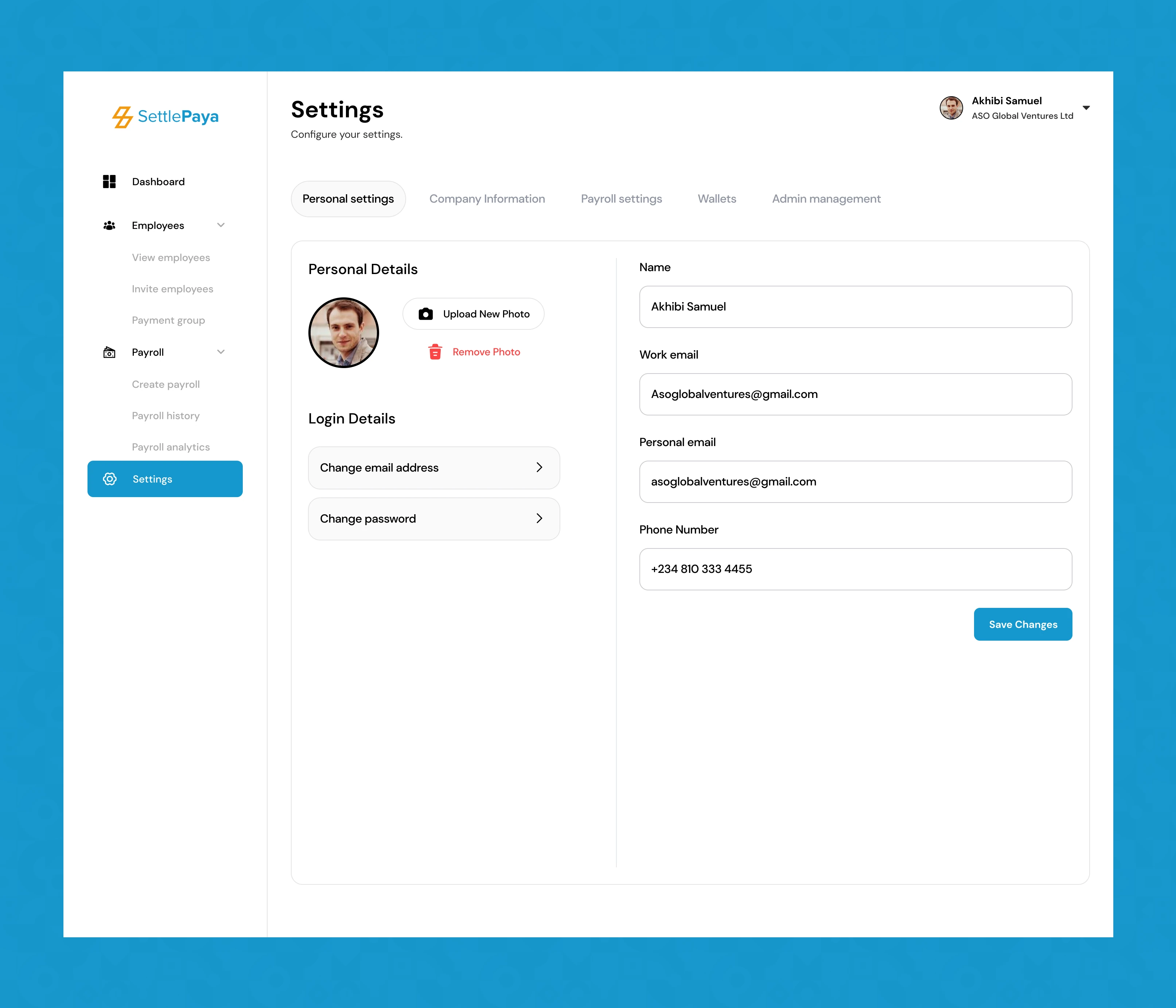 SettlePaya — personal details settings