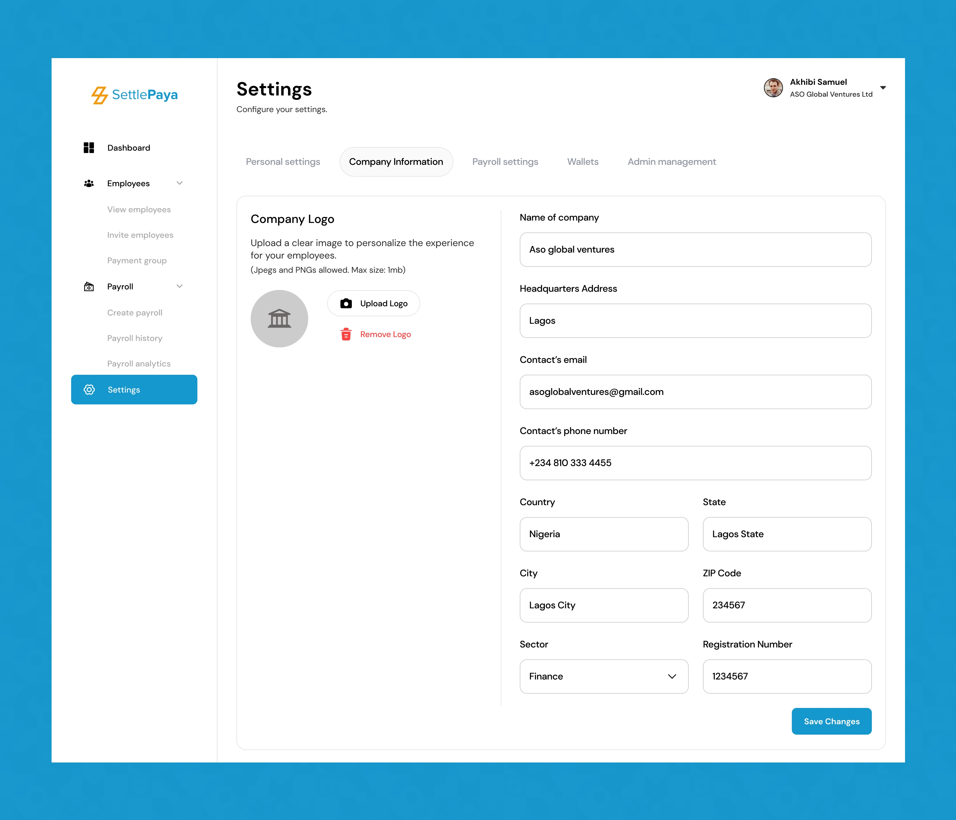 SettlePaya — company information settings