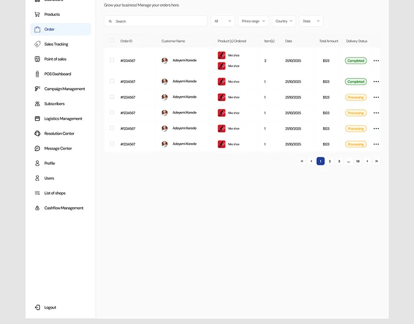 Order Page Dashboard